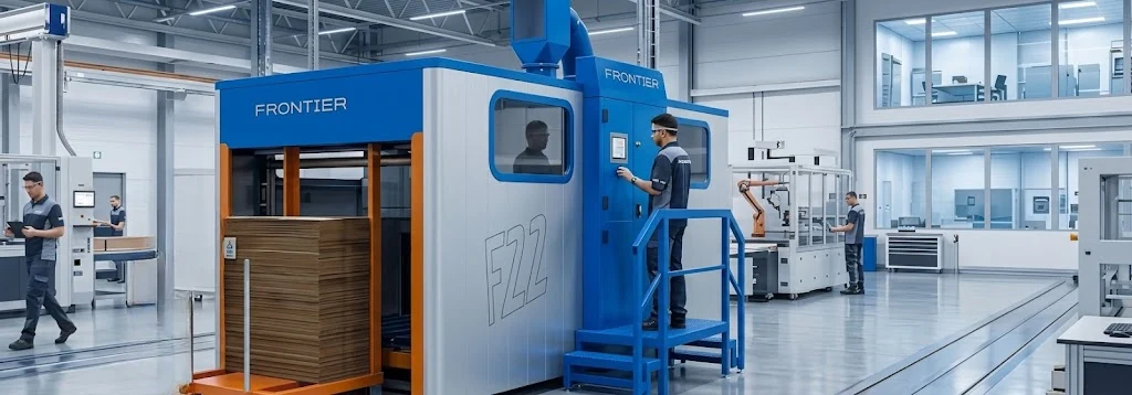 Frontier F22 die-cutter in a factory, with an operator at the control panel and a stack of corrugated board ready to load