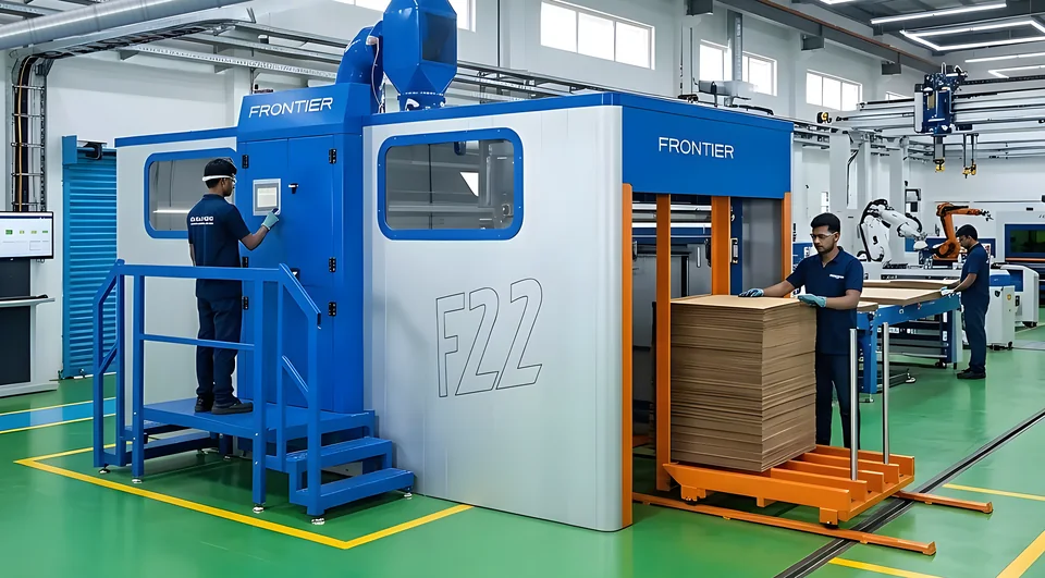 Frontier F22 on a factory floor, with an operator loading board onto the orange infeed cart